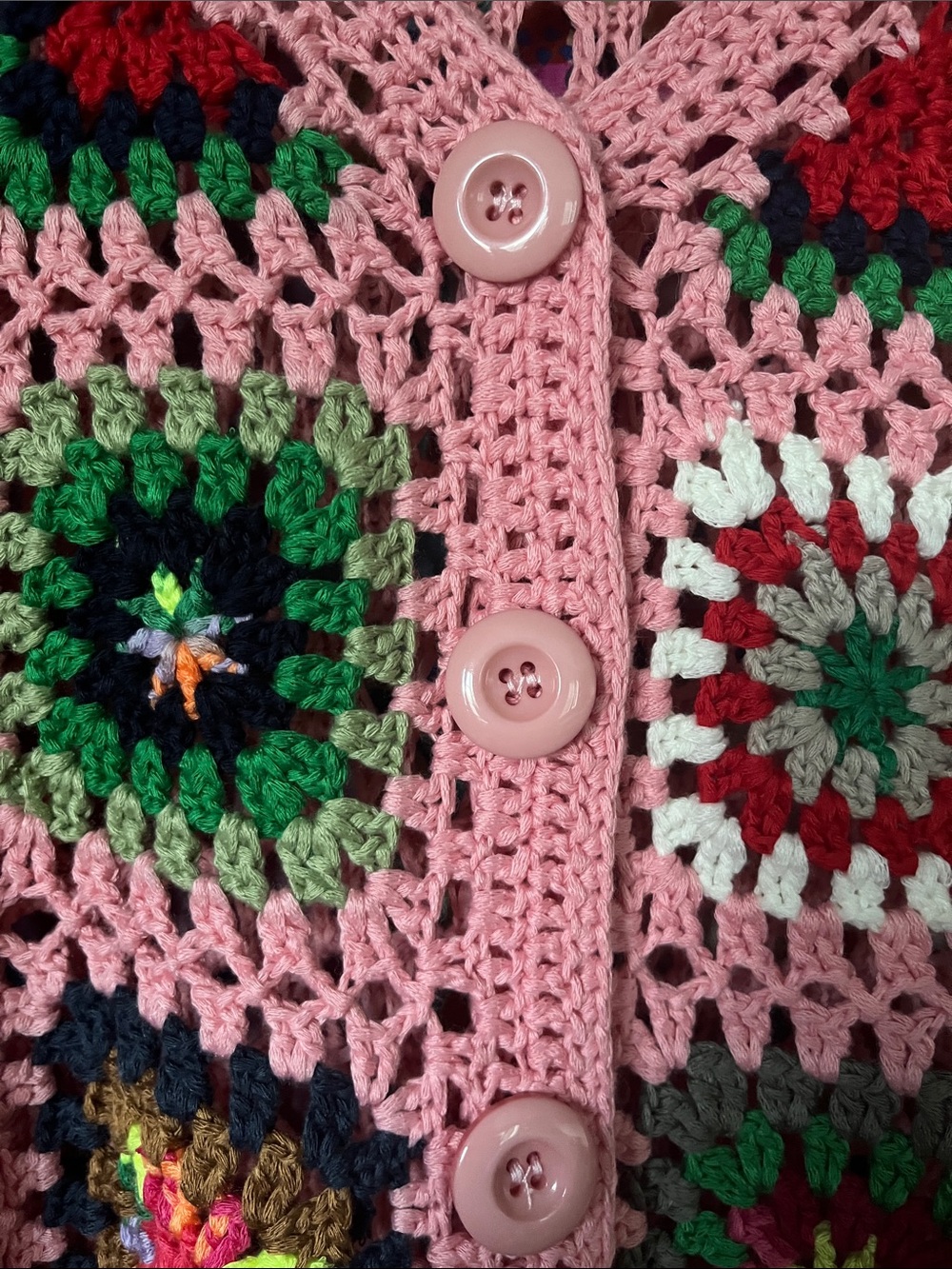 Boho Acrylic Pink Crochet Granny-Square Button Cardigan Sweater Size Small - Picture 3 of 9